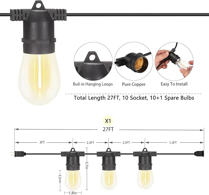 LED Outdoor String Lights, Shatterproof Waterproof 27Ft (Maximum 918Ft) Hanging Warm 2700K S14 Edison Bulbs Lighting for Patio Yard Porch Bistro Garden (27FT)