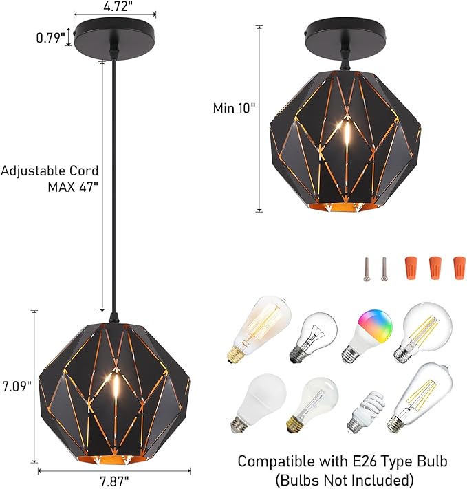 Pendant Light Industrial Vintage Pendant Lamp Retro Farmhouse Ceiling Hanging Light Fixture Black Metal Creative Geometric Diamond Shade Pendant Lighting for Kitchen Island