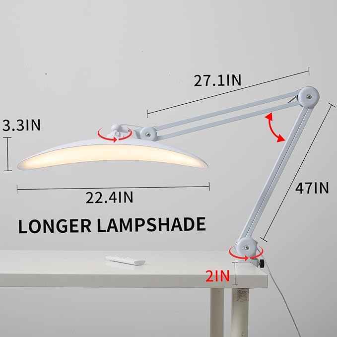 22 inch Architect Desk Lamp with Clamp - 48W CCT Dimmable Office Task Light with Remote, Adjustable Swing Arm Industrial LED Computer Lamp for Home Office, Study, Reading & Nail Art