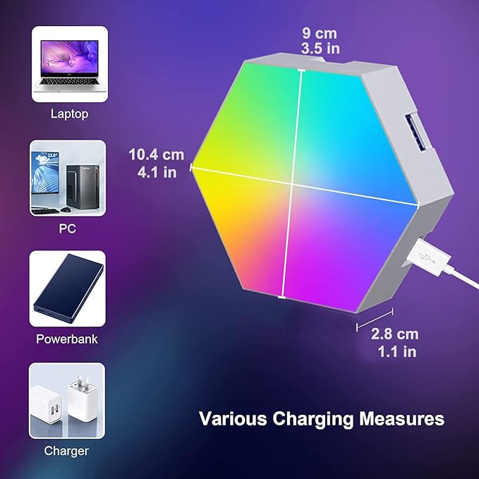Amailtom Hexagon Light Panels Expansion 4 LED Panels, Hexagon LED Wall Lights Dreamcolor Effects, Smart Gaming Lights Music Sync for Gaming Room Setup (No Controller/Remote)