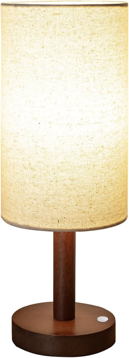 Small Table Lamp Nightstand Lamp Linen Lampshade Bedroom Wood Base Small Bedside Lamp for Night Stands, Desk Lamps for Reading Living Room, Office (LED Bulb Included) (Rosewood)