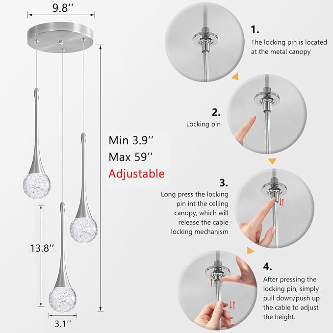 3-Lights Modern Pendant Lights for Kitchen Island LED Dimmable Crystal Glam Ceiling Pendant Lighting Chandelier for Dining Room Hallway Bedroom Corner Lamp Brushed Nickel