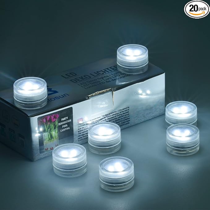 Mini Waterproof Submersible LED Tea Lights - 20Pcs Super Bright Battery Operated Puck Light for Wedding Centerpieces Floral Vase Paper Lantern Crafts Swimming Pool Tub Fountain Pond Decor (White)