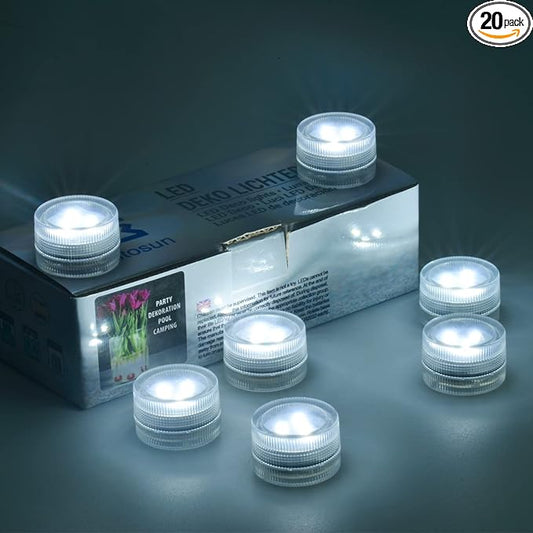 Mini Waterproof Submersible LED Tea Lights - 20Pcs Super Bright Battery Operated Puck Light for Wedding Centerpieces Floral Vase Paper Lantern Crafts Swimming Pool Tub Fountain Pond Decor (White)