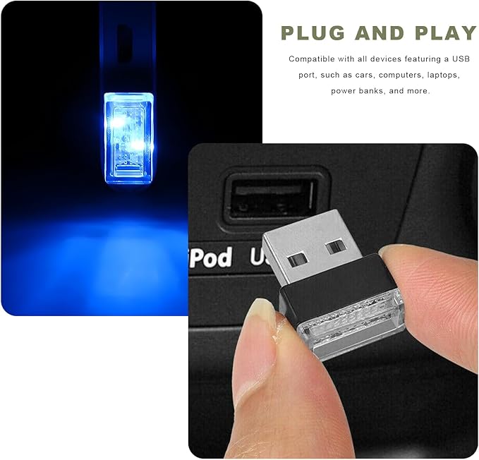 4 PCS USB LED Car Interior Atmosphere Lamp, Mini Night Light Plug-In Trunk Ambient Lighting Kit, Portable USB Interface LED Lamp Interior Decoration for Vehicle Home Office (Blue)