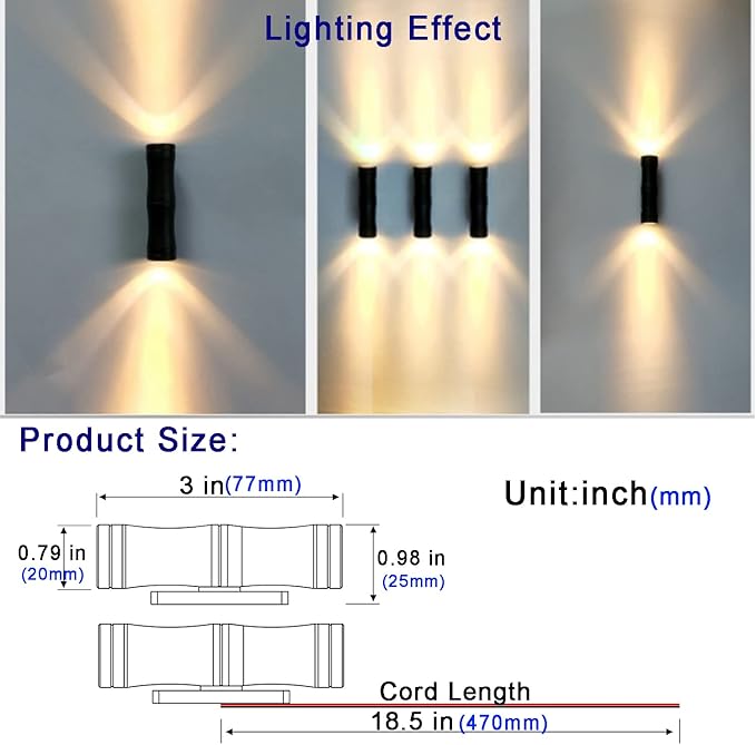LED Wall Light Mini Bamboo, 3W 12V-24V DC, 15° Narrow Beam Angle, IP65 Waterproof, Surface Mounting Outdoor Landscape Lighting,Warm White 3000K (B - Double Beams)