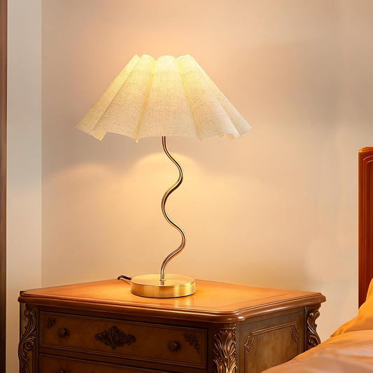 Small Table Lamp, Pleated Table lamp for Bedroom, Bedside Lamps for Nightstand with Linen Lampshade, Modern Lamp for Bedroom Home Office Decor, Gold.