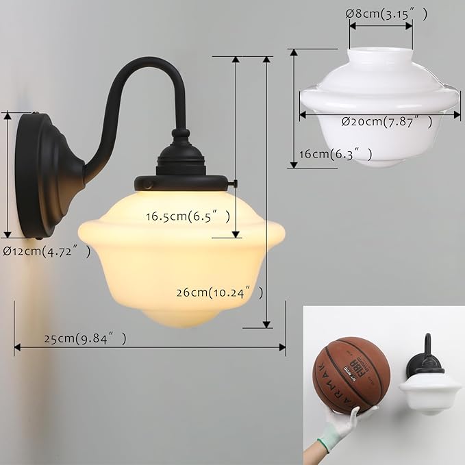 Pathson Vintage Wall Sconce with Milk White Glass, Hardwired Gooseneck Wall Vanity Light Bathroom Sconce Fixture for Living Room, Foyer, Loft, Bedroom, Farmhouse Lamp