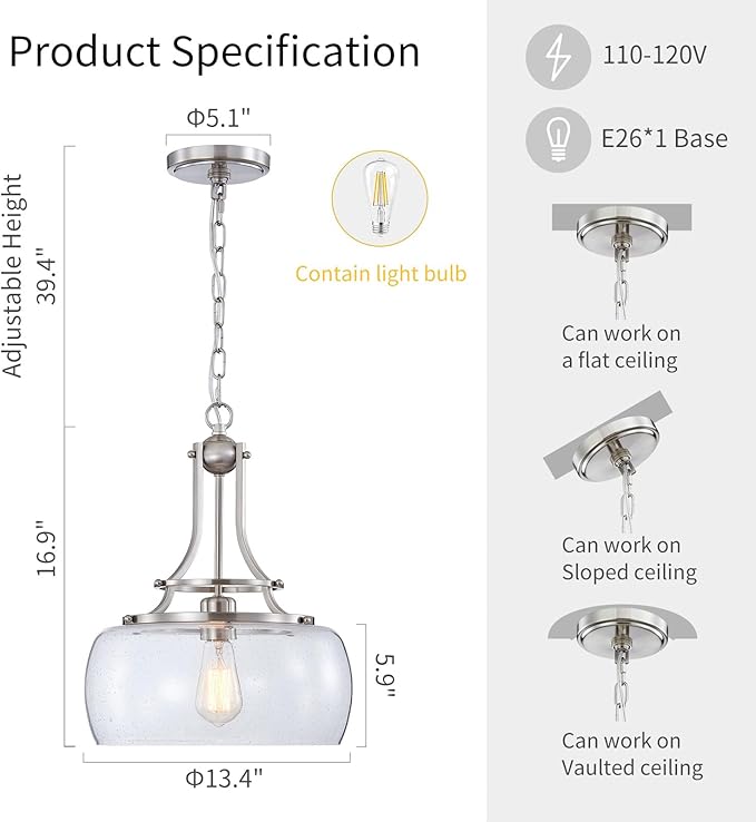 WUZUPS Chandelier Rustic Farmhouse Industrial Round Ceiling Pendant LED Light Fixture Clear Seeded Glass Shade for Dining Room Kitchen Island Foyer Entryway, H 17" x W 13.4", E26 Base, Brushed Nickel