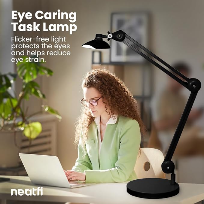 Neatfi XL LED Desk Lamp with Base, 2200 Lumens, 24W, 20-Inch Wide Head, Dimmable 4 Brightness Levels, Task Light for Home Office, Crafts, Workbench (Non-CCT, Black)