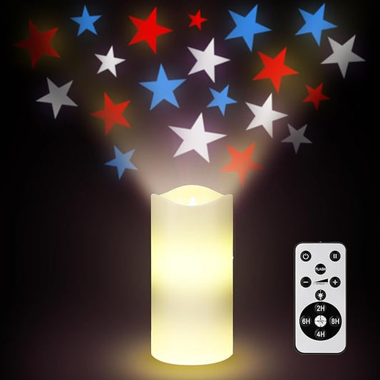 Baquler 4th of July Flameless Candles Patriotic Candles Projector Lights Colorful LED Candle Battery Operated Night Light with Remote and Timer Indoor Bedroom Decor