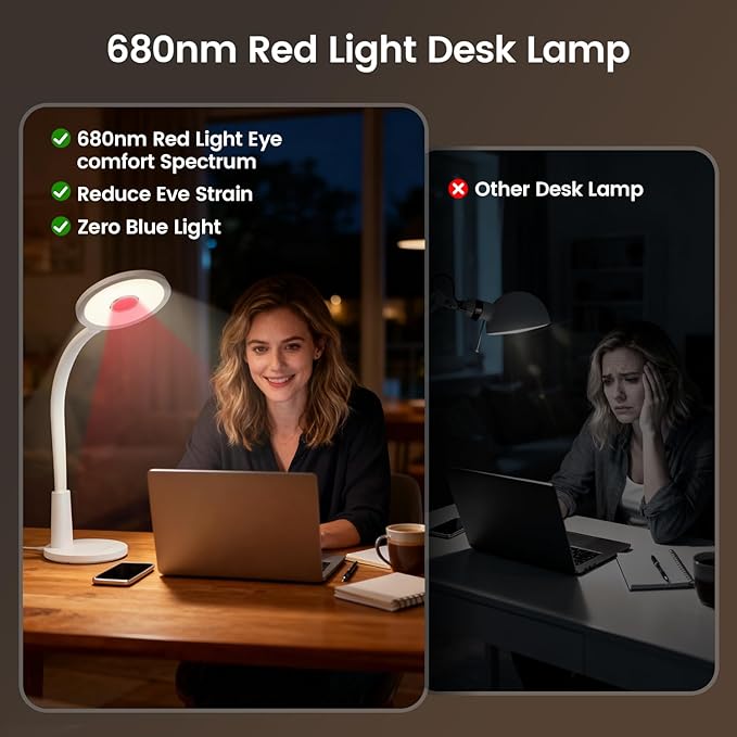 Glendan Desk Lamp for Home Office: Eye-Caring LED Red Light Desk Lamp, 10 Brightness & Flexible Gooseneck, Dimmable Desk Light with Memory & Timer, Table Lamp for Study, Bedroom