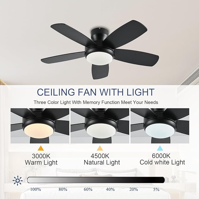 KNUN 42 Inch Ceiling Fan with Light and Remote/App Control, Low Profile Ceiling Fans with Lights,Flush Mount, Double-sided Blades, 3CCT, Dimmable, Noiseless, Black Ceiling Fan for Indoor/Outdoor Use
