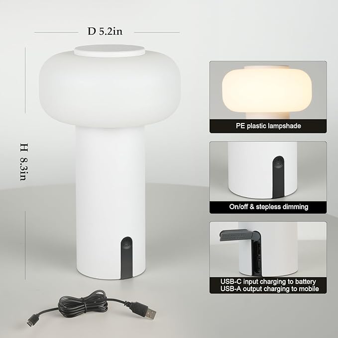 Shower Lamp Waterproof, Outdoor Cordless Table Lamp Rechargeable, Portable Battery Operated Lamp, Touch Dimmable Night Light for Bedroom/Patio/Dinning/Camping (White)