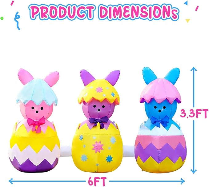 Domkom 6FT Long Easter Inflatable Bunny Outdoor Decorations, Build-in LED Lights Holiday Blow Up Yard Decoration, for Easter&Spring, Outdoor,Garden, Yard Lawn Décor