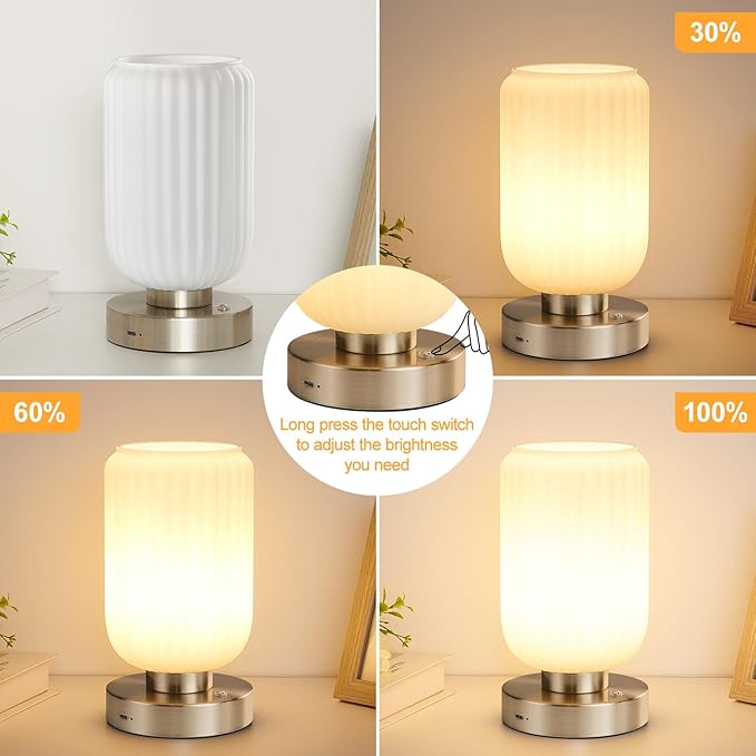 Cordless Table Lamp for Bedroom, 7500mAh Rechargeable Small Battery Lamp, Modern Touch Dimmable Wireless Lamp Brushed Nickel Base White Glass Shade for Living Room, Desk, Led Bulb Included