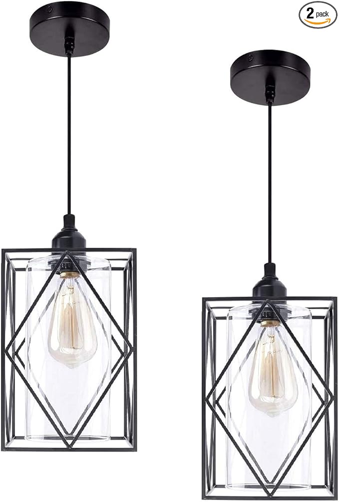 HMVPL Farmhouse Pendant Light Fixtures, Set of 2 Black Farmhouse Hanging Chandelier Lights with Glass Shade, Mini Industrial Ceiling Lamp for Kitchen Island Dining Room Over Sink Hallway Bedroom