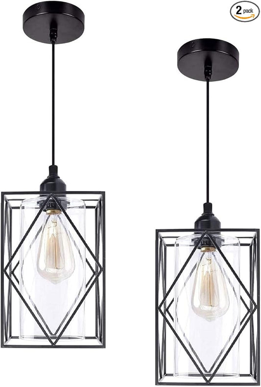 HMVPL Farmhouse Pendant Light Fixtures, Set of 2 Black Farmhouse Hanging Chandelier Lights with Glass Shade, Mini Industrial Ceiling Lamp for Kitchen Island Dining Room Over Sink Hallway Bedroom