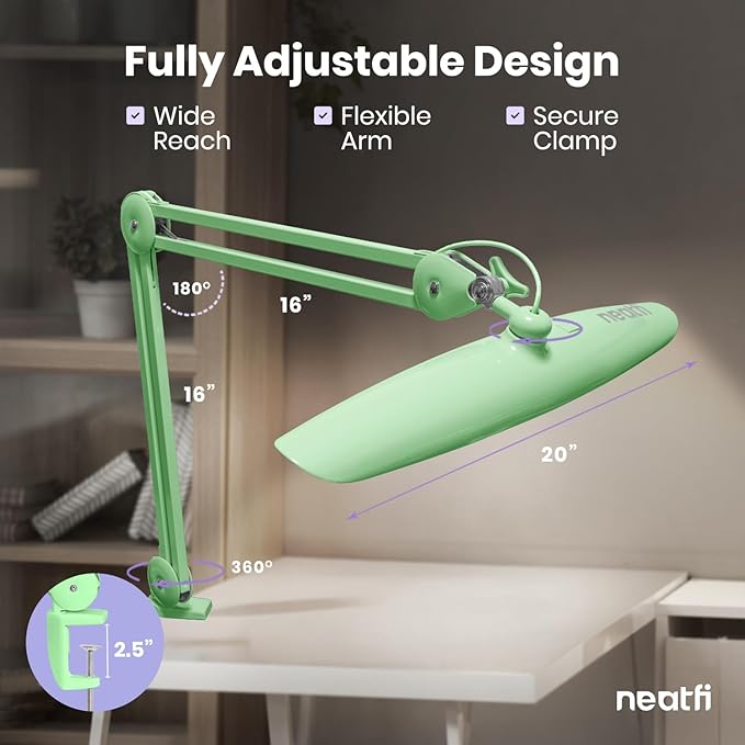 Neatfi XL LED Desk Lamp with Clamp, 2200 Lumens, 24W, 20-Inch Wide Head, Dimmable 4 Brightness Levels, Task Light for Home Office, Crafts, Workbench (Non-CCT, Midnight Green)