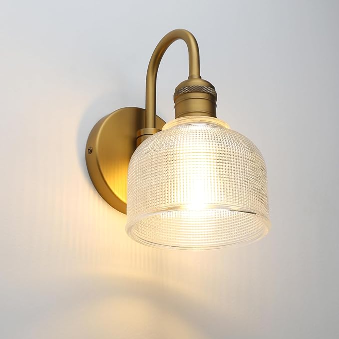 Yosoan Brass Gold Vintage Wall Sconce with Striped Shade, 1-Light Modern Vanity Light Industrial Single Wall Mounted Hardwired Bowl Texture Glass Shade for Living Room Bedroom Kitchen Hallway(Antique)