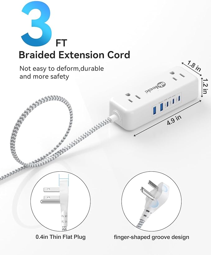 Power Strip with USB C, Small Extension Cord with 4 Outlets & 2 USB-A and 3 USB-C Ports 4.8A/24W Charging Station, 3 Ft 2 Sides Outlet Extender Non Surge Protector for Cruise Ship Travel Office Dorm