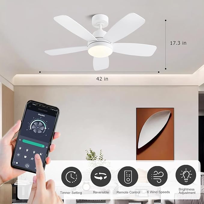 Ceiling Fans with Lights, 42 Inch Low Profile Ceiling Fan with Lights and Remote Control, LED Dimmable DC Reversible, 8 Speed, Noiseless, Modern White Ceiling Fan for Bedroom, Indoor/Outdoor Use