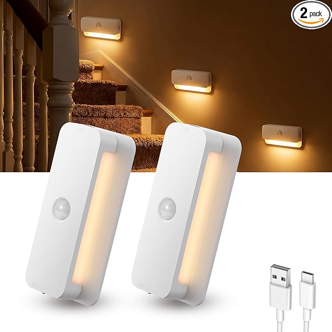 Rechargeable Motion Sensor Night Light 2-Pack,Stair Lights Indoor,Wireless Stick on Anywhere Hallway Lamp/Closet for Bathroom, Bedroom, Kitchen, Cabinet, Stairs, Hallway