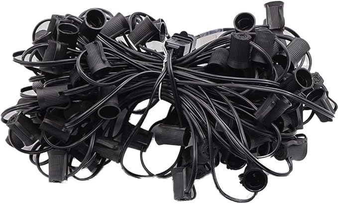 100FT C9 Light String Christmas Stringer, E17 Light Sockets 12" Spacing, C9 Stringer Set Black Outdoor String Light Strand for Wedding Patio Event Lighting Decor, Black Wire