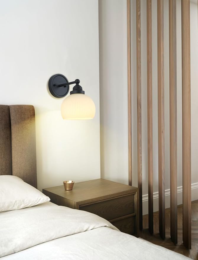 HEQIQEH Vintage Rechargeable Battery Operated Sconce Wall Lighting with Remote Control, Dimmable Ribbed White Glass Shade Wall Mounted Lamp Fixture for Bedroom Vanity Bathroom Living Room