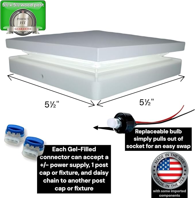DekLights® DIY Line LED Lighted Post Cap for 6x6 Wood Posts (True 5.5x5.5). Our 12volt Low Voltage with Replaceable LED Bulb. for Your 6x6 Fence Posts (White Cap 3000k Bulb)