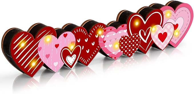 Yousoontic Valentines Day Heart Decor Table Centerpieces Valentines Wooden Heart Sign Decorations with LED Lights 3D Block Pink Red Love Romantic Decor for Home Mantel Desk Office Party Decorations
