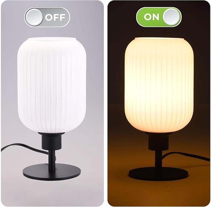 Mid Century Glass Table Lamp,Dimmable Desk Lamp,LED Bulb Included,Remote RGB Color Changing,White Ribbed Glass