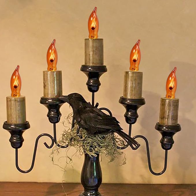 Orange Flickering Flame Light Bulbs with E12 Base, 12 Pack C18 Halloween Light 1W, Candelabra Night Light Bulbs for Halloween String Light,Electric Window Candle Light,Halloween Chandelier
