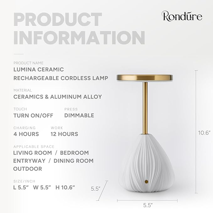 RONDURE 10.6" Ceramic Cordless Table Lamp, Portable Rechargeable Table lamp, Touch Dimmable Warm Ambient Lighting for Living Room, Bedroom, Dining Room, Fast Charging & Long Lasting