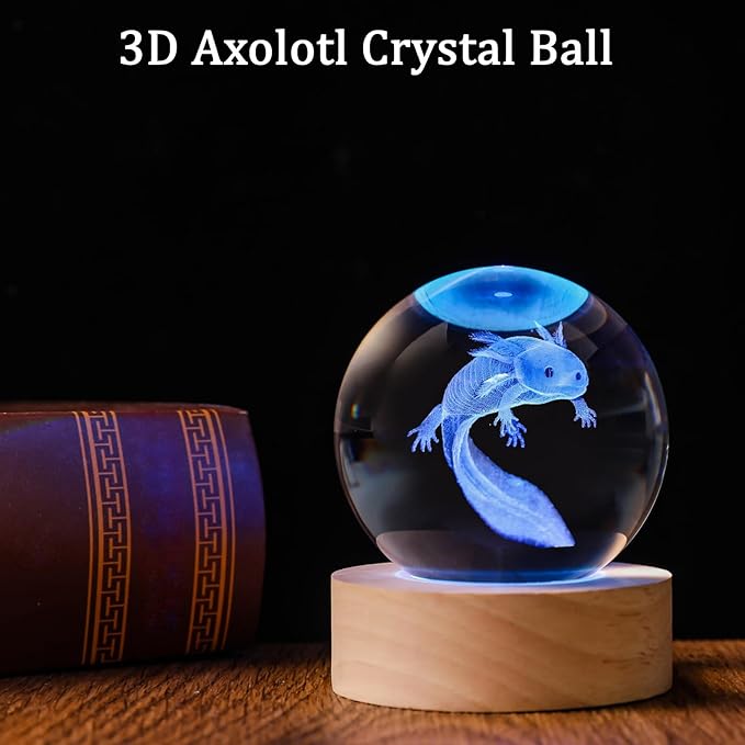 3D Axolotl 60mm Crystal Ball Axolotl Night Light Lamp Toy Gifts for Women Wife Girlfriend Mom Couple Her Axolotl Figurine for Girls Boys Kids