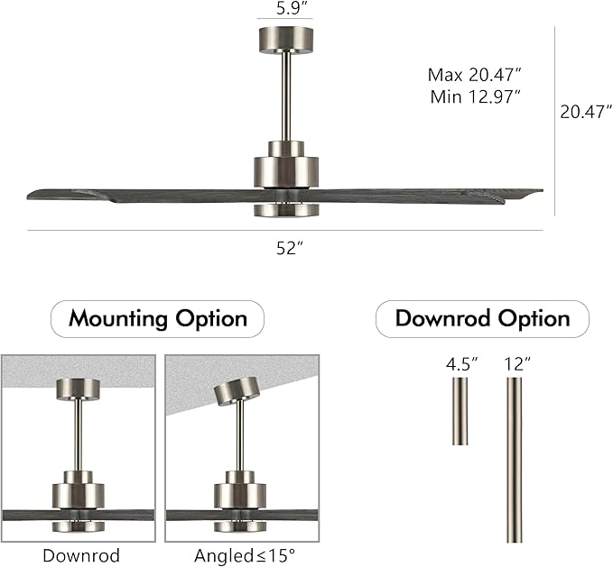 ELEHINSER 52" Modern Ceiling Fan with Lights and Remote Control, 5 Solid Wood Blades 6-Speed Noiseless Reversible DC Motor, Ceiling Fan for Bedroom Dinning Living Room, Nickel Finish with Wood Blades