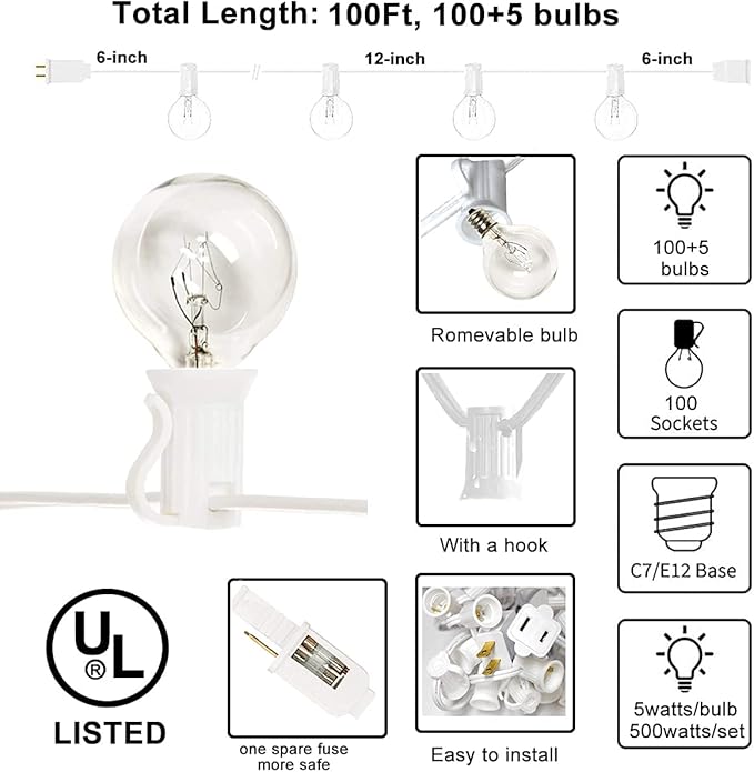 Abeja Outdoor String Light G40-100Ft with 105 Edison Glass Bulbs, 5W, E12 Socket Base, UL Listed Waterproof for Patio Lights Bars Party Decor, White