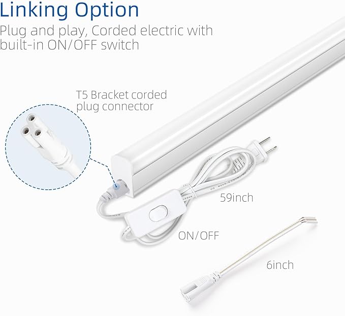 LED Shop Light 2FT, 1100lm, 6000K, 10W, Under Cabinet LED T5 Fixture and Under Counter Lights for Kitchen, Corded Electric with ON/Off Switch (Pack of 2)