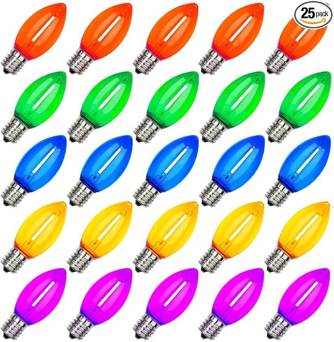 25 Pack C9 Replacement Christmas Light Bulbs, 0.6 Watt C9 Multicolor Clear LED Light Bulbs for Christmas Indoor Outdoor Patio Halloween Party String Lights, C9/E17 Candelabra Base