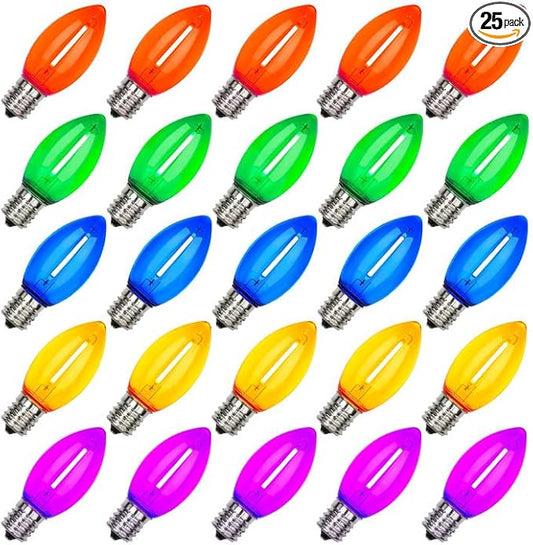 25 Pack C9 Replacement Christmas Light Bulbs, 0.6 Watt C9 Multicolor Clear LED Light Bulbs for Christmas Indoor Outdoor Patio Halloween Party String Lights, C9/E17 Candelabra Base