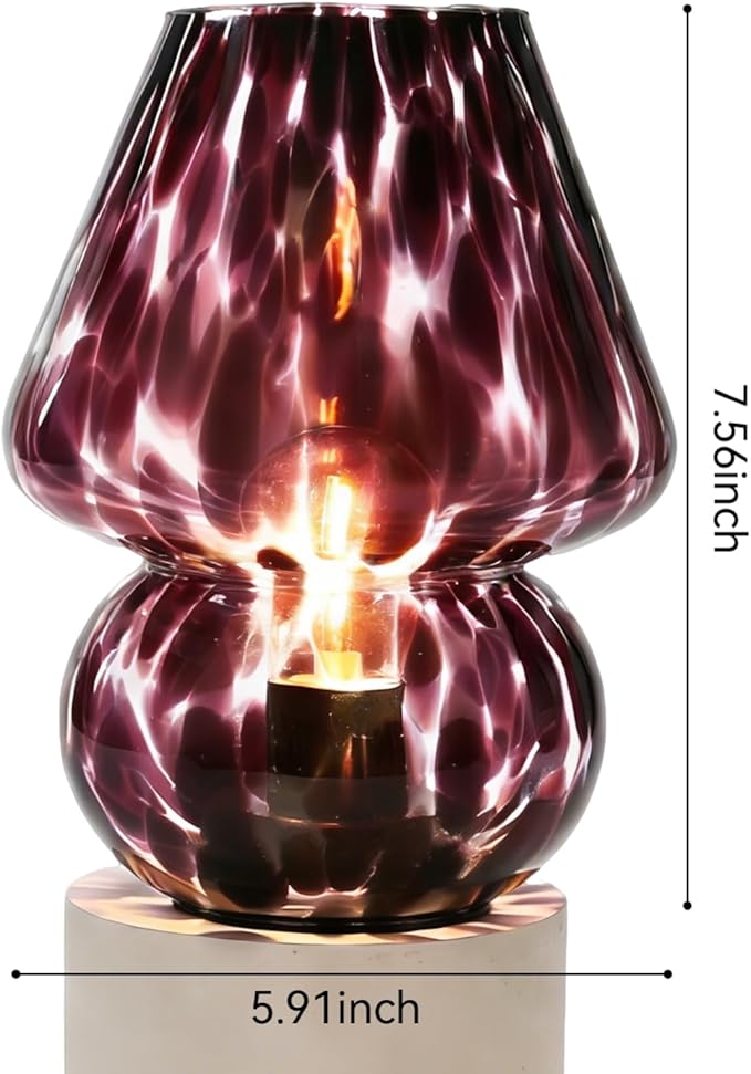 Glass Mushroom Lamp, Mushroom Desk Lamp with LED Bulb, Small Purple Battery Operated Cordless Lamps for Kitchen Counter, Bedroom Nightstand, Living Room, Gift for Mom