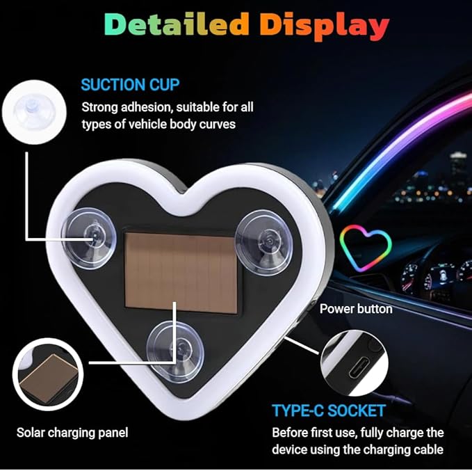 Car LED Ambient Lighting - 7 Colors 8 Modes RGB Solar Powered&USB Charging Heart-Shaped Neon Light for Window IP65 Waterproof Car Interior Light Decoration(1Pcs)