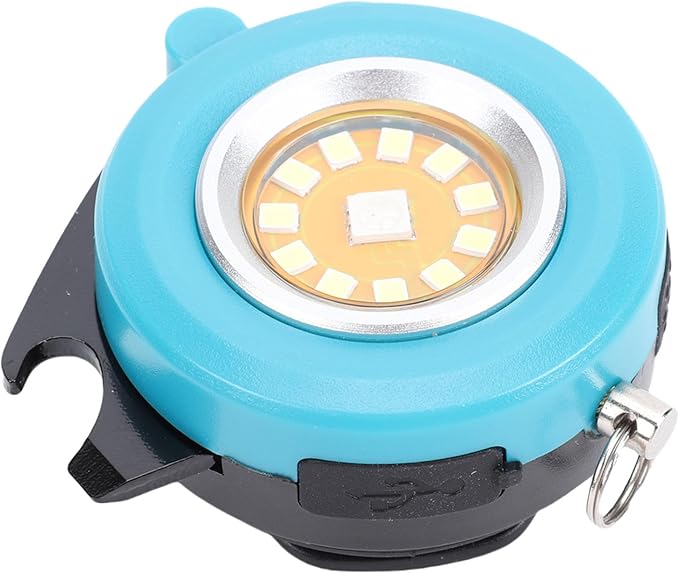 Keychain Flashlight, Round RGB Keychain Work Light LED Torch with Bottle Opener Rotatable Back Clamp for Emergency Camping Car Repair (Blue)