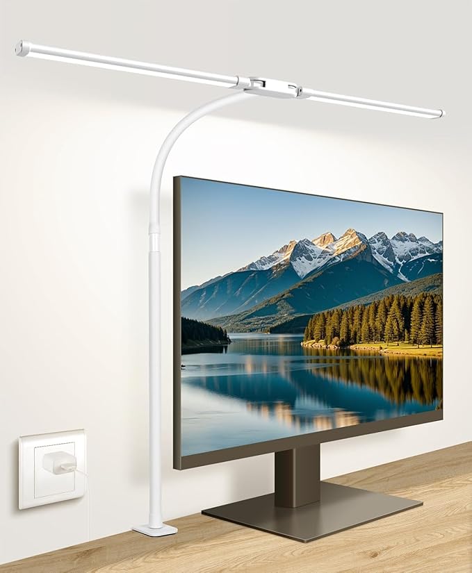 Desk Lamp with Clamp, with 5V 2A Adapter, LED Desk Lamp with Dual Head, 50 Light Modes, Computer Monitor Flexible Neck Lamp, Eye Protection Desk Lamps for Study, Office, Crafts, Draw(White)