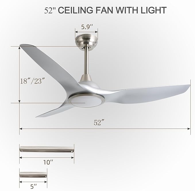 52 Inch Quiet DC Motor Ceiling Fan with Light Remote Control, Indoor 3 Blade Silver Modern Ceiling Fan for Bedroom Living Room Porch
