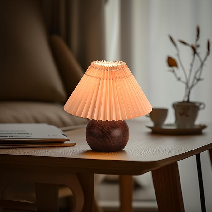 KUNJOULAM Retro Pleated Table Lamp, Modern Bedside Nightstand Lamp with Brown Shade, 5.9” Metal Base for Bedroom, Home Office, Living Room, Kids Dorm Without Bulb