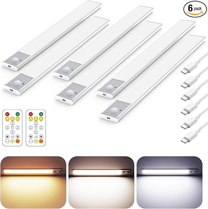 12" Ultra-Thin Under Cabinet Lighting Wireless, Aluminum Alloy Under Counter Lights for Kitchen, 3-Color-Temps Magnetic Closet Lights, Rechargeable Motion Sensor Light Indoor (6 Pack, Silver)