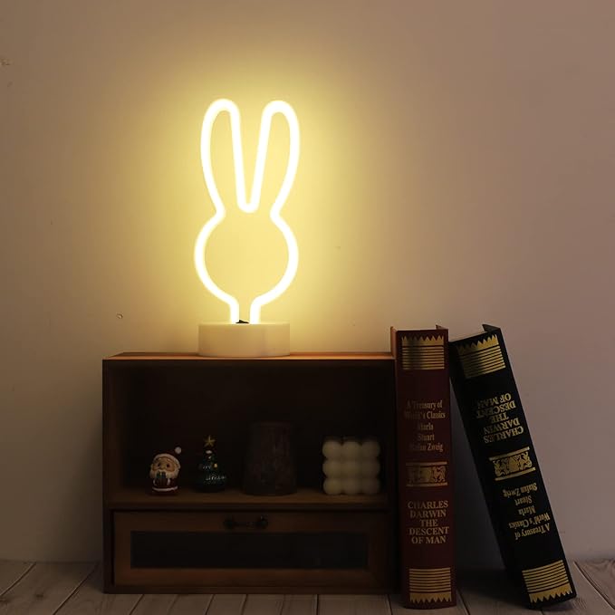 Easter Decorations Neon Signs, Bunny Neon Lights with Base - Battery/USB Operated Rabbit Stuff for Home, Nursery Room, Baby Teen Kids Girls Bedroom, Spring Decor (Warm White)