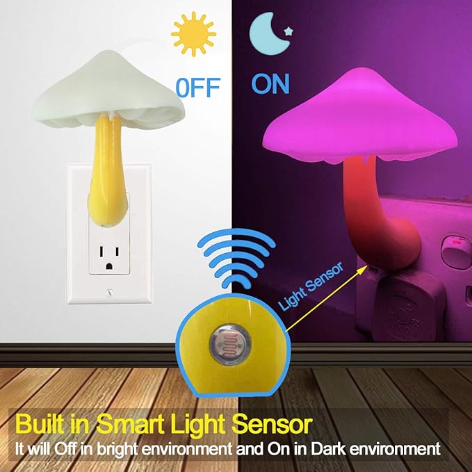 [ 2 Pack LED Mushroom Night Light Lamp with Dusk to Dawn Sensor,Plug in LED Bed Cute Mushroom Nightlight Night lamp Wall Light Baby Night Lights for Kids Children (Colorful)