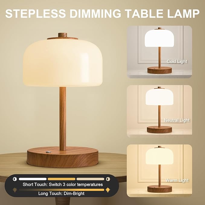 Oneach 9" Cordless Table Lamp, Wood Grain Rechargeable Battery Operated Lamp, 3-Way Stepless Dimming Touch Lamps, Small Glass Bedside Nightstand Light for Bedroom Dining Table Living Room Shelf Decor